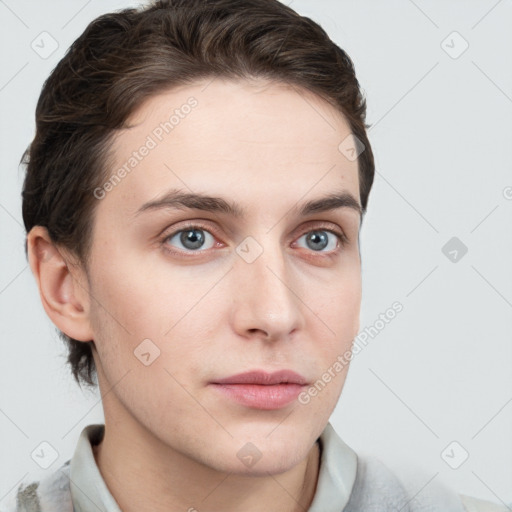 Neutral white young-adult male with short  brown hair and grey eyes