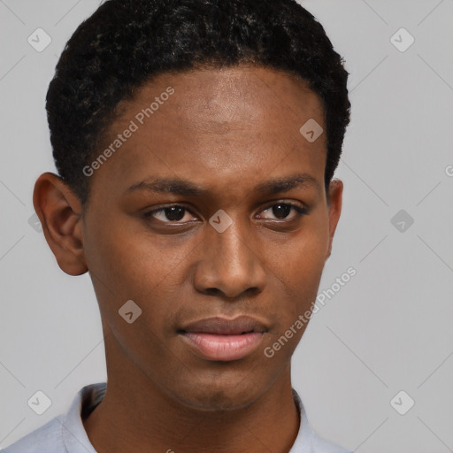 Neutral black young-adult female with short  black hair and brown eyes