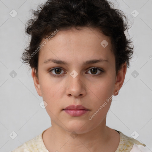 Neutral white young-adult female with short  brown hair and brown eyes