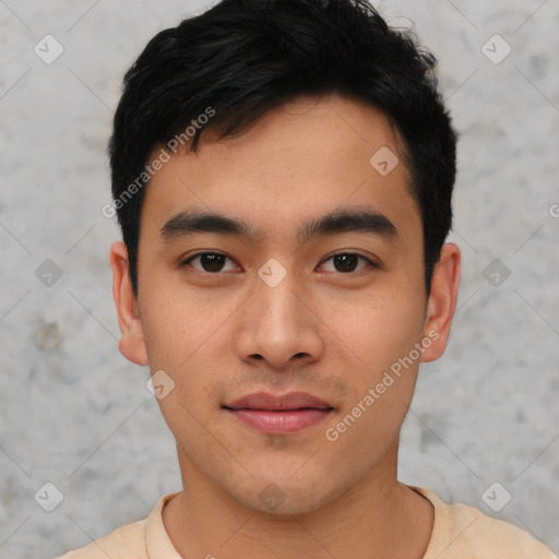 Neutral asian young-adult male with short  black hair and brown eyes