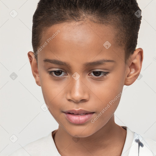 Joyful white child female with short  brown hair and brown eyes