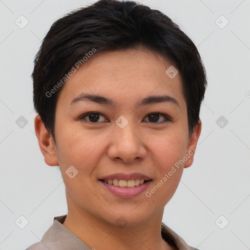 Joyful asian young-adult female with short  brown hair and brown eyes