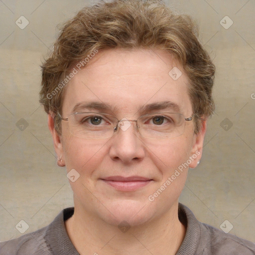 Joyful white adult female with short  brown hair and grey eyes