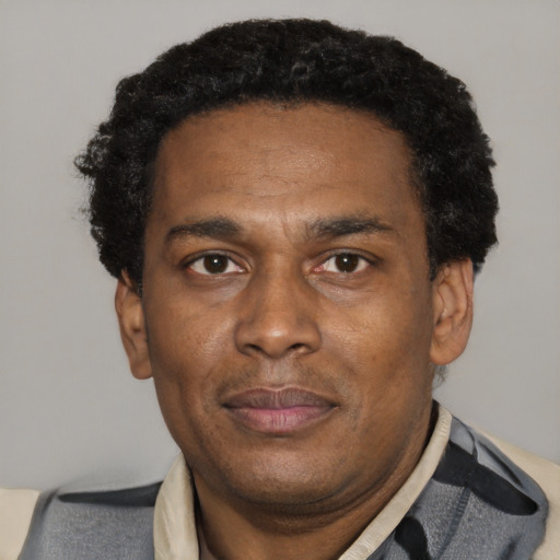 Joyful black adult male with short  black hair and brown eyes