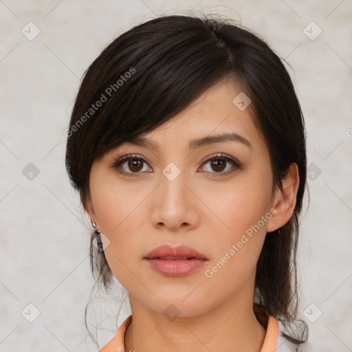 Neutral asian young-adult female with medium  brown hair and brown eyes