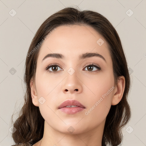 Neutral white young-adult female with medium  brown hair and brown eyes