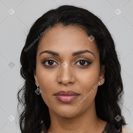 Joyful latino young-adult female with long  black hair and brown eyes