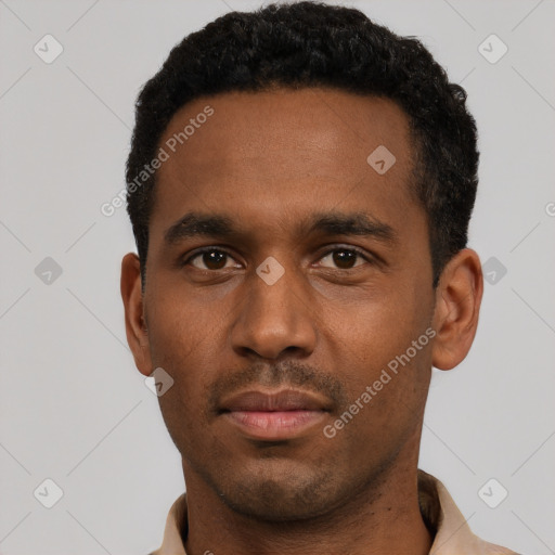 Neutral black young-adult male with short  black hair and brown eyes
