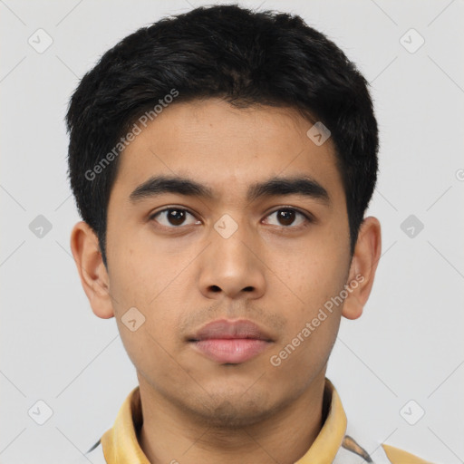 Neutral asian young-adult male with short  black hair and brown eyes