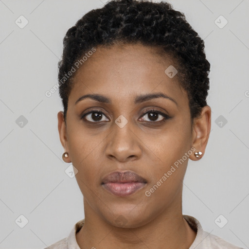 Neutral black young-adult female with short  black hair and brown eyes