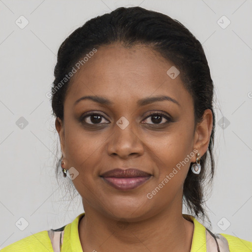 Joyful black young-adult female with medium  brown hair and brown eyes