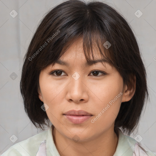 Neutral asian young-adult female with medium  brown hair and brown eyes