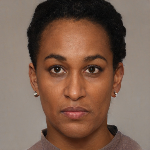 Neutral black young-adult female with short  black hair and brown eyes