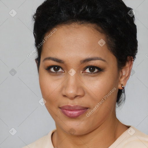 Joyful latino young-adult female with short  brown hair and brown eyes