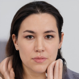 Neutral white young-adult female with medium  brown hair and brown eyes