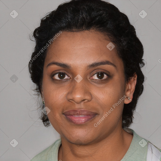 Joyful black young-adult female with medium  black hair and brown eyes