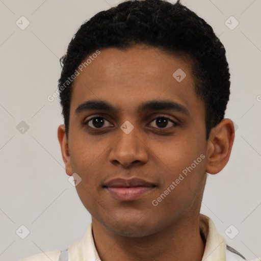 Neutral latino young-adult male with short  black hair and brown eyes