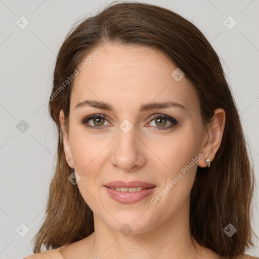 Joyful white young-adult female with long  brown hair and grey eyes