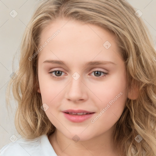 Joyful white child female with medium  brown hair and brown eyes