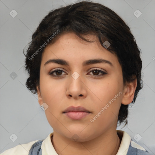 Neutral latino young-adult female with medium  brown hair and brown eyes