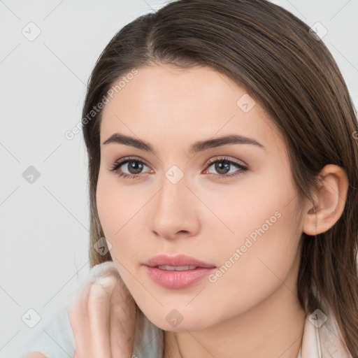 Neutral white young-adult female with medium  brown hair and brown eyes