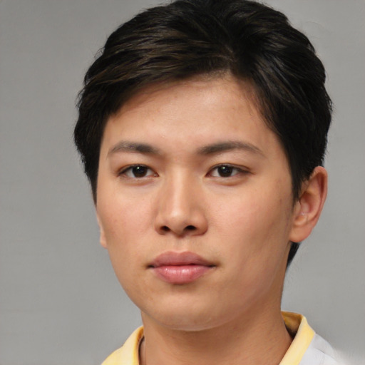 Neutral asian young-adult female with short  brown hair and brown eyes