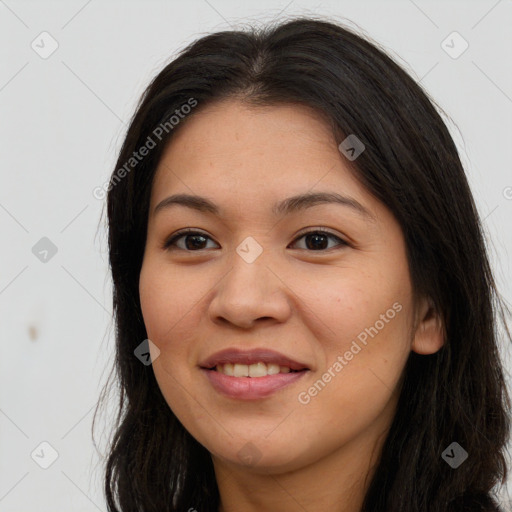 Joyful white young-adult female with long  brown hair and brown eyes