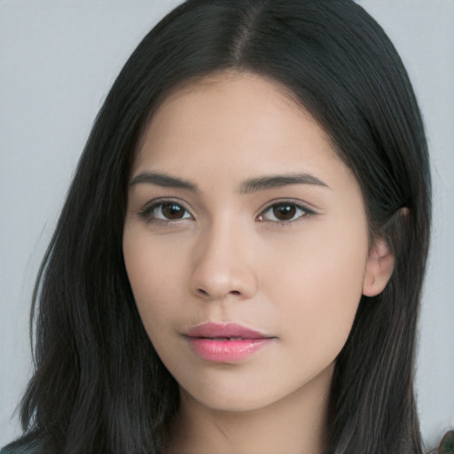 Neutral asian young-adult female with long  black hair and brown eyes