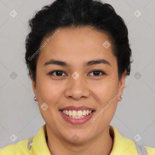 Joyful latino young-adult female with short  brown hair and brown eyes