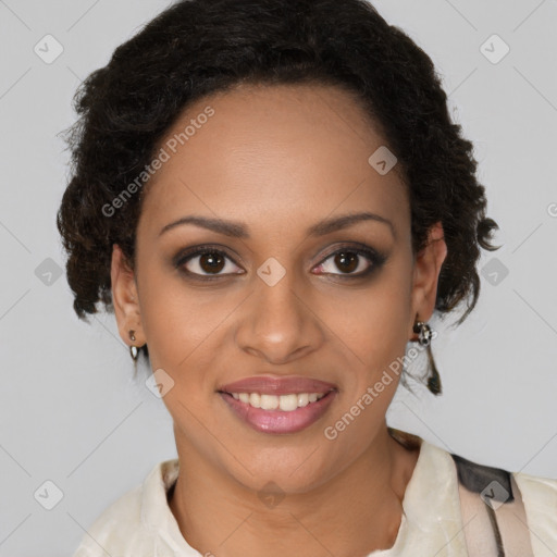 Joyful black young-adult female with medium  brown hair and brown eyes