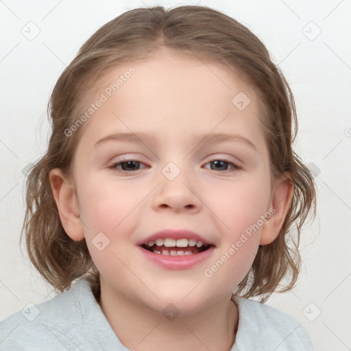 Joyful white child female with medium  brown hair and blue eyes