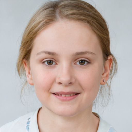 Joyful white child female with medium  brown hair and blue eyes