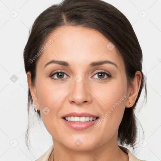 Joyful white young-adult female with medium  brown hair and grey eyes