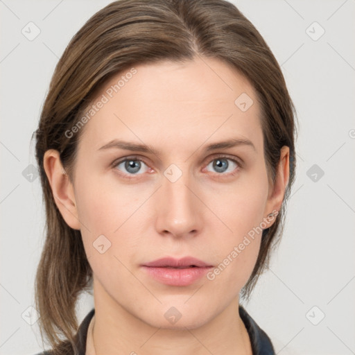 Neutral white young-adult female with medium  brown hair and grey eyes