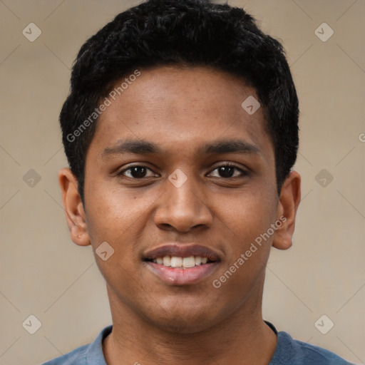 Joyful black young-adult male with short  black hair and brown eyes