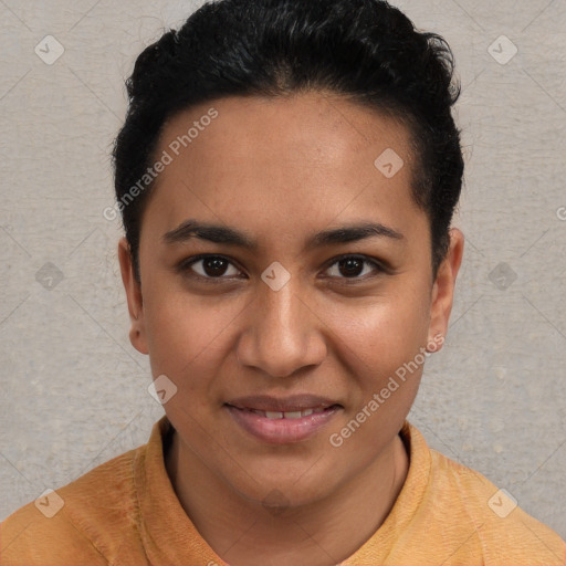 Joyful latino young-adult female with short  brown hair and brown eyes