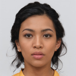 Neutral asian young-adult female with medium  black hair and brown eyes