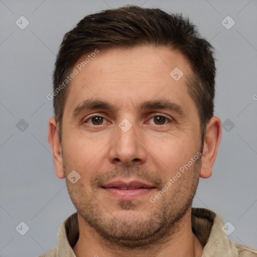 Neutral white adult male with short  brown hair and brown eyes