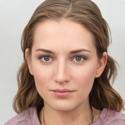 Neutral white young-adult female with medium  brown hair and grey eyes