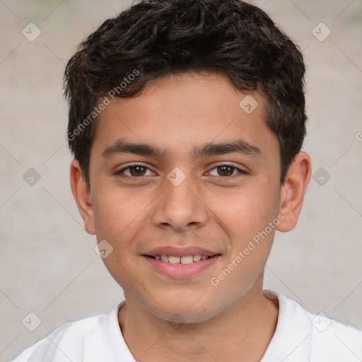 Joyful white child male with short  brown hair and brown eyes