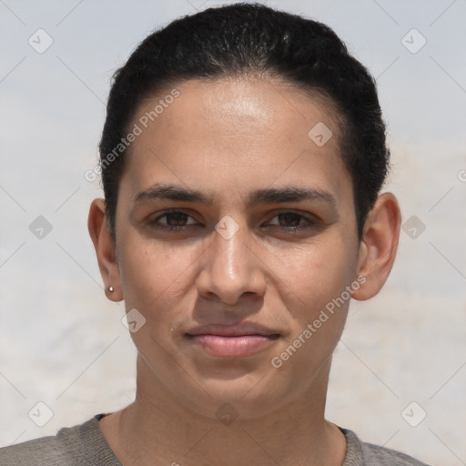 Joyful white young-adult female with short  brown hair and brown eyes