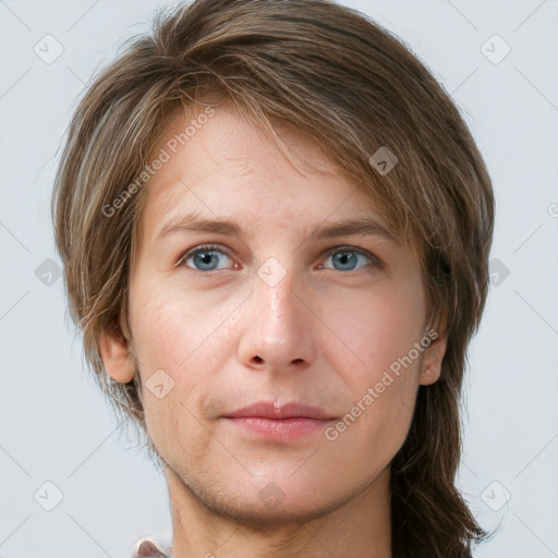 Neutral white young-adult female with long  brown hair and grey eyes