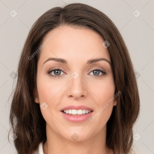 Joyful white young-adult female with medium  brown hair and green eyes