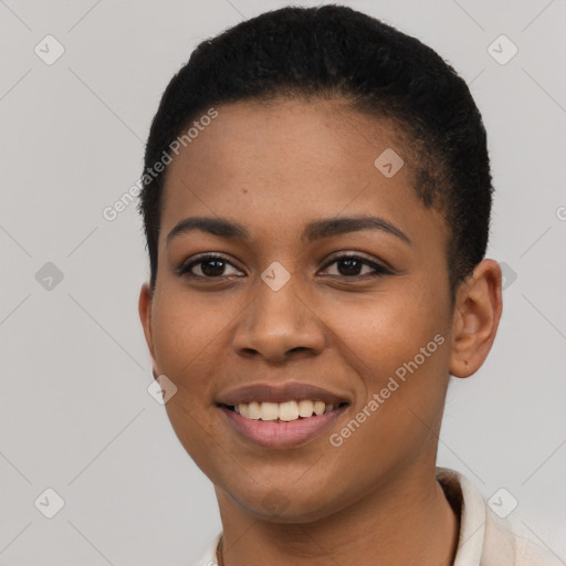 Joyful latino young-adult female with short  black hair and brown eyes