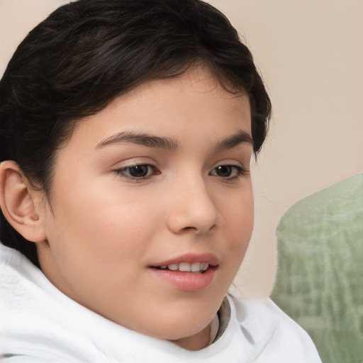 Joyful white child female with short  brown hair and brown eyes