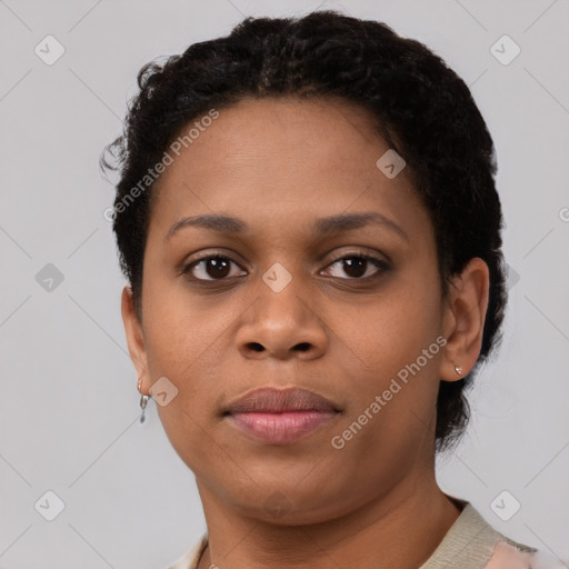 Neutral black young-adult female with short  brown hair and brown eyes