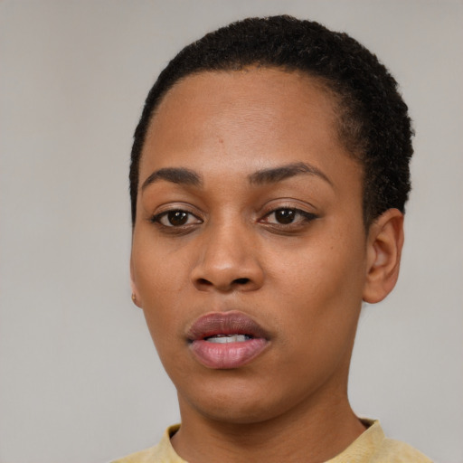 Neutral black young-adult female with short  black hair and brown eyes