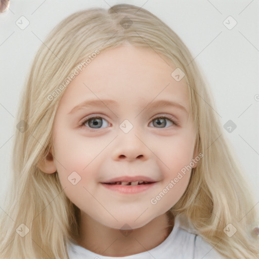 Joyful white child female with long  brown hair and blue eyes