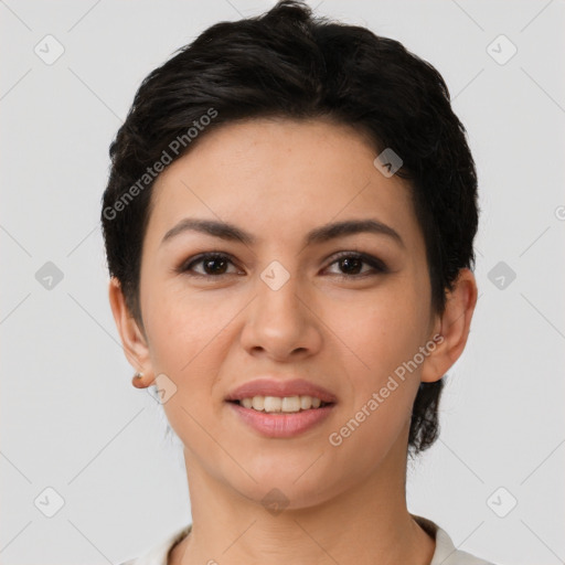 Joyful latino young-adult female with short  brown hair and brown eyes