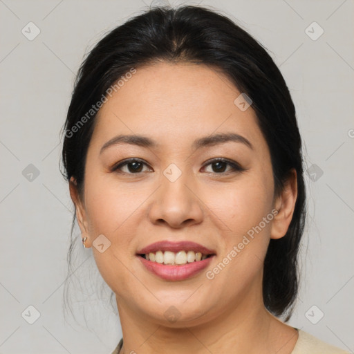 Joyful asian young-adult female with medium  brown hair and brown eyes